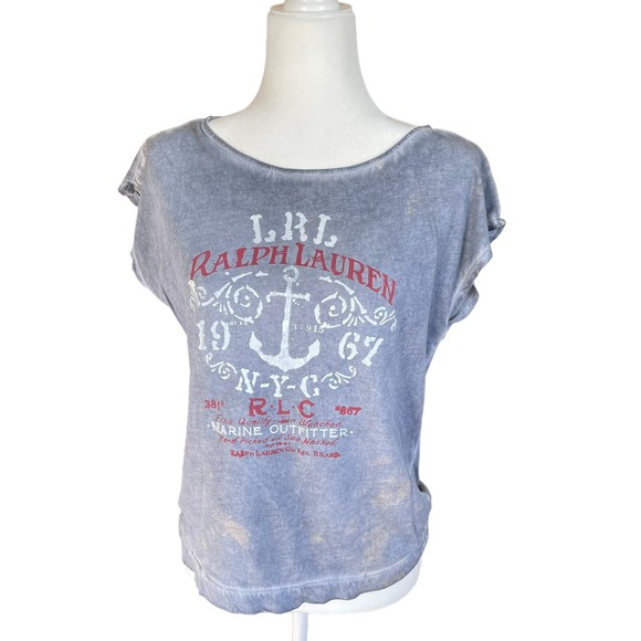 Women's distressed Ralph Lauren grey sleeveless shirt with, white red logo front - Picture 1 of 8